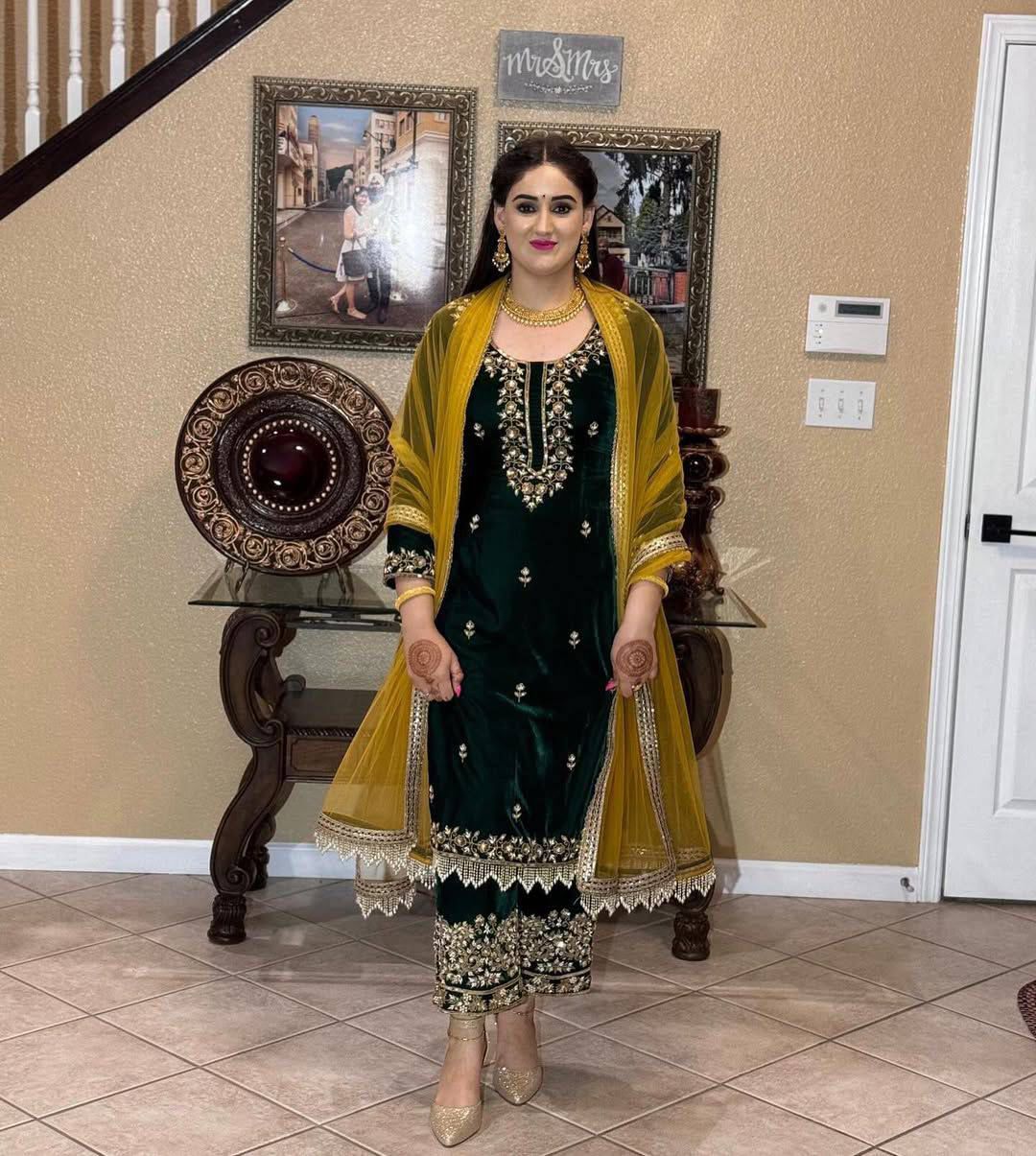 Velvet Suit Set with Embroidered Sequence Work