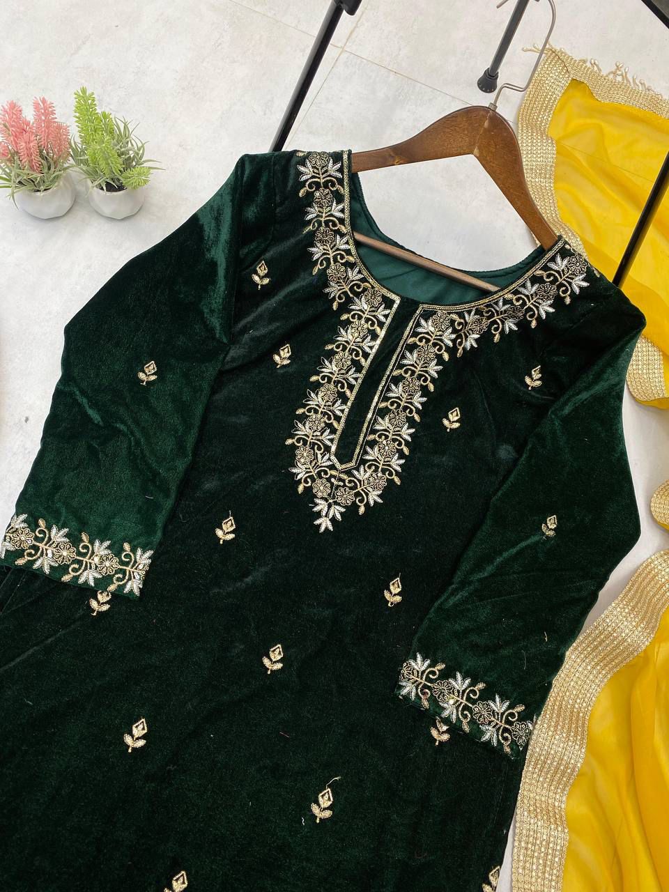 Velvet Suit Set with Embroidered Sequence Work