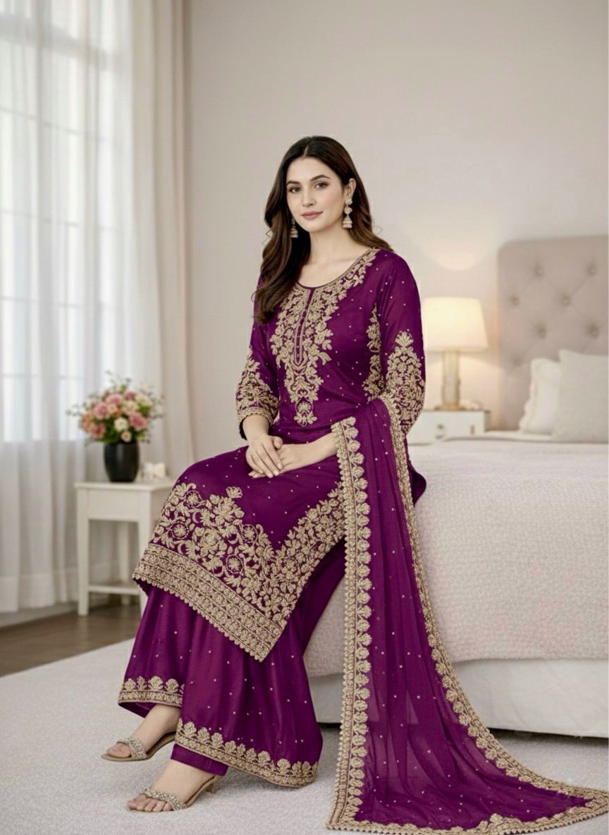 Pure GMY SILK With Heavy Embroidery Coding Sequence Work Readymade Suit
