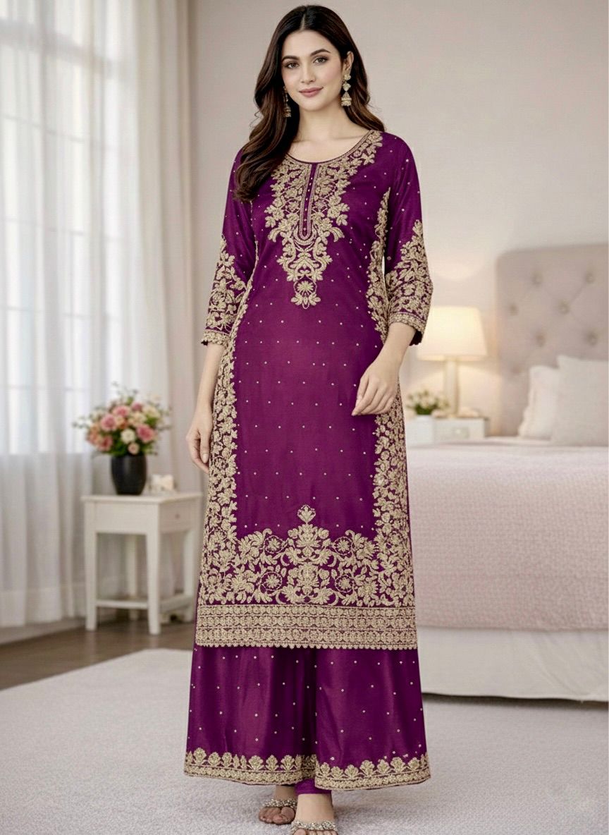 Pure GMY SILK With Heavy Embroidery Coding Sequence Work Readymade Suit