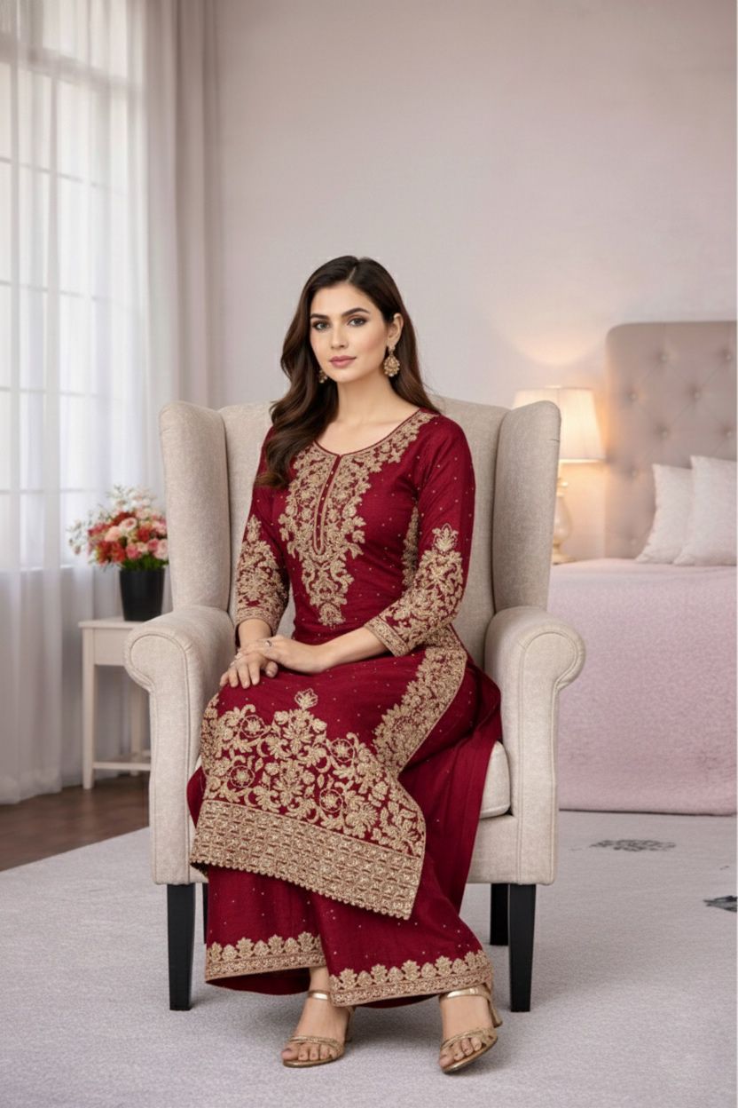 Pure GMY SILK With Heavy Embroidery Coding Sequence Work Readymade Suit