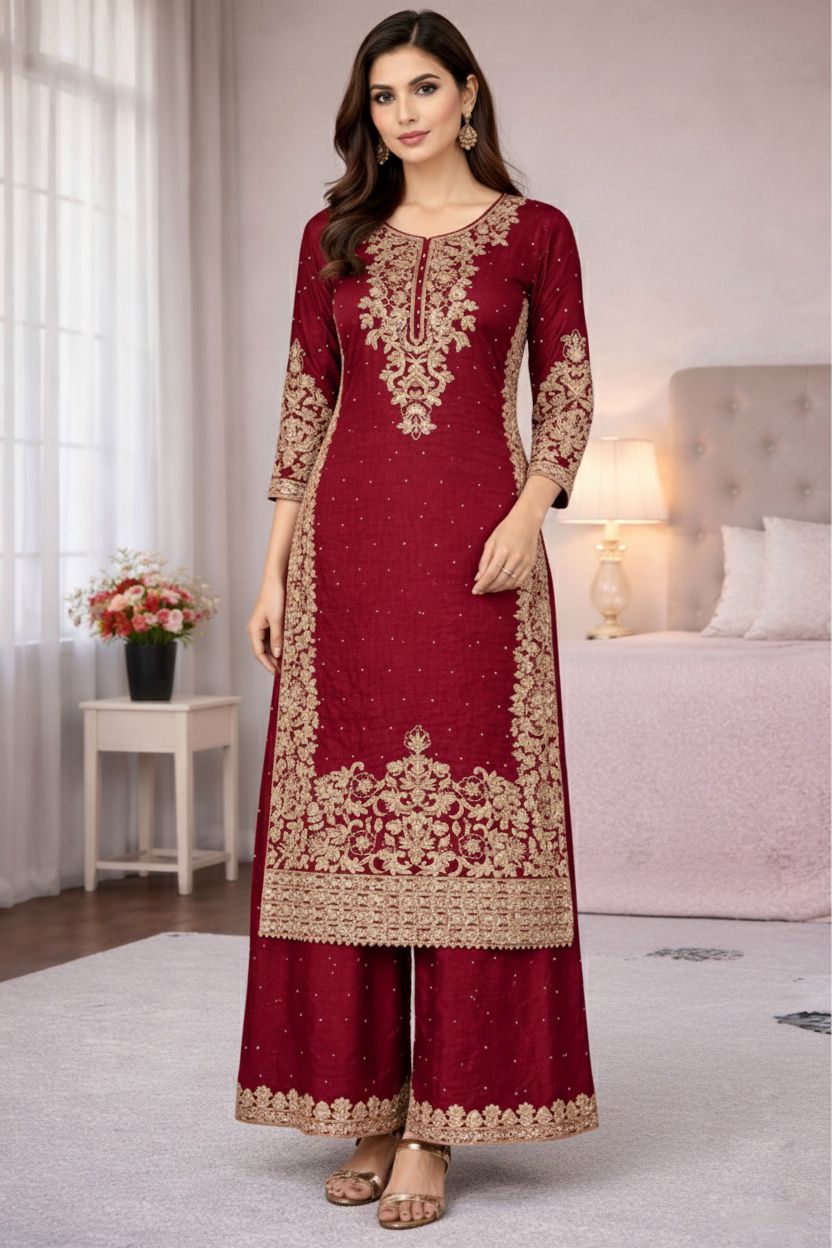 Pure GMY SILK With Heavy Embroidery Coding Sequence Work Readymade Suit
