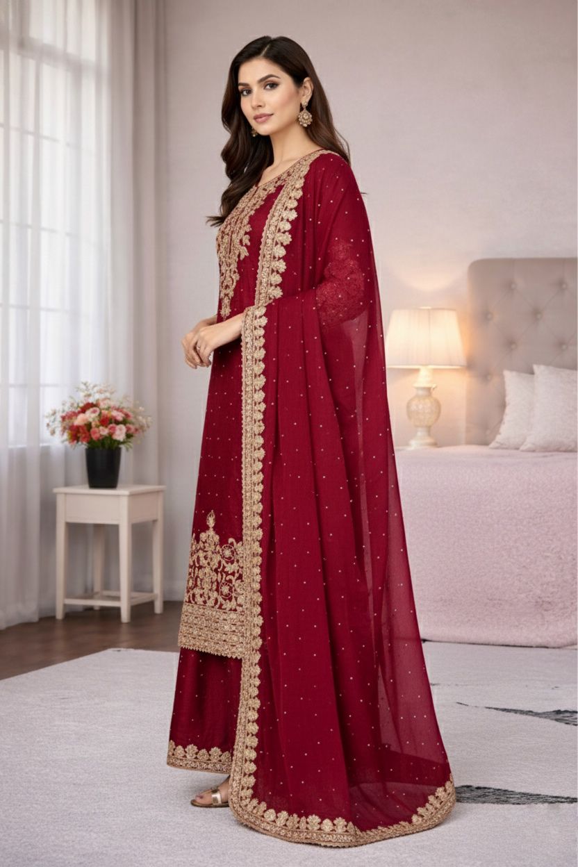 Pure GMY SILK With Heavy Embroidery Coding Sequence Work Readymade Suit