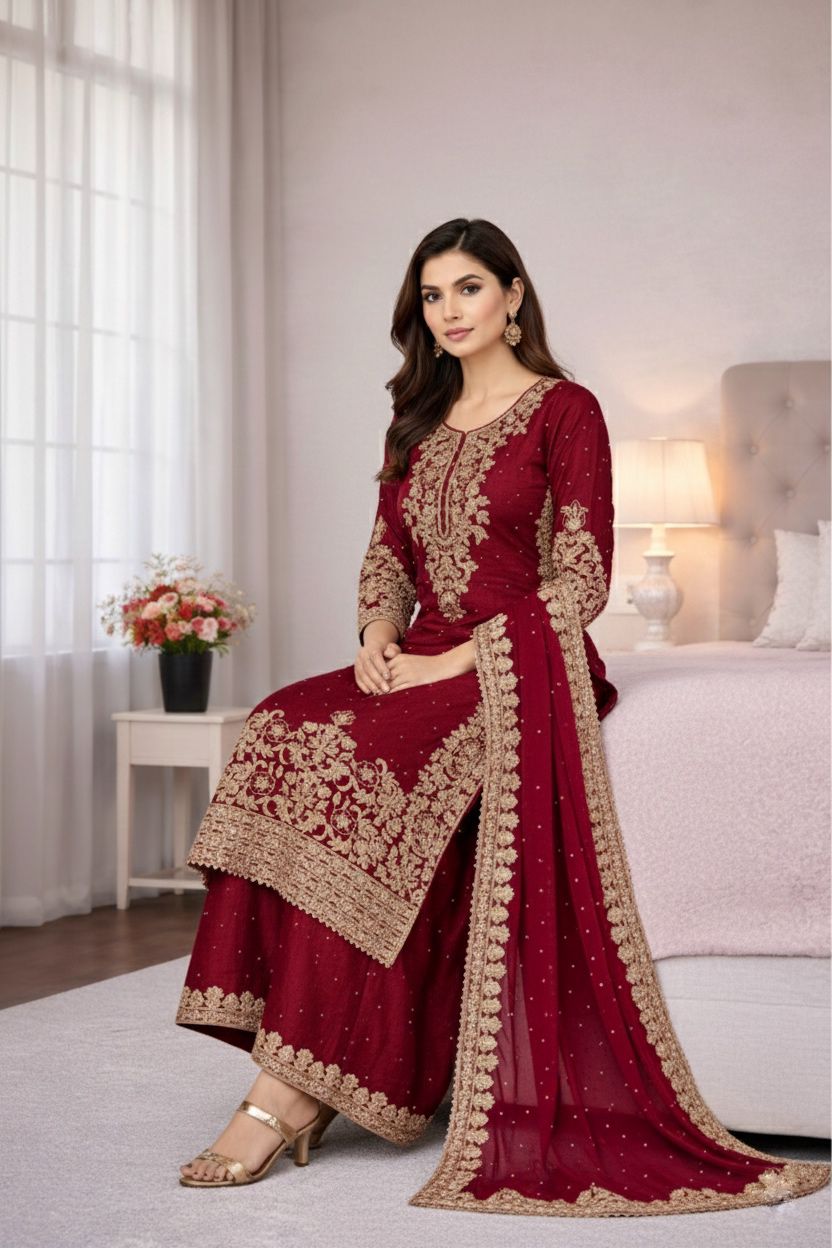 Pure GMY SILK With Heavy Embroidery Coding Sequence Work Readymade Suit