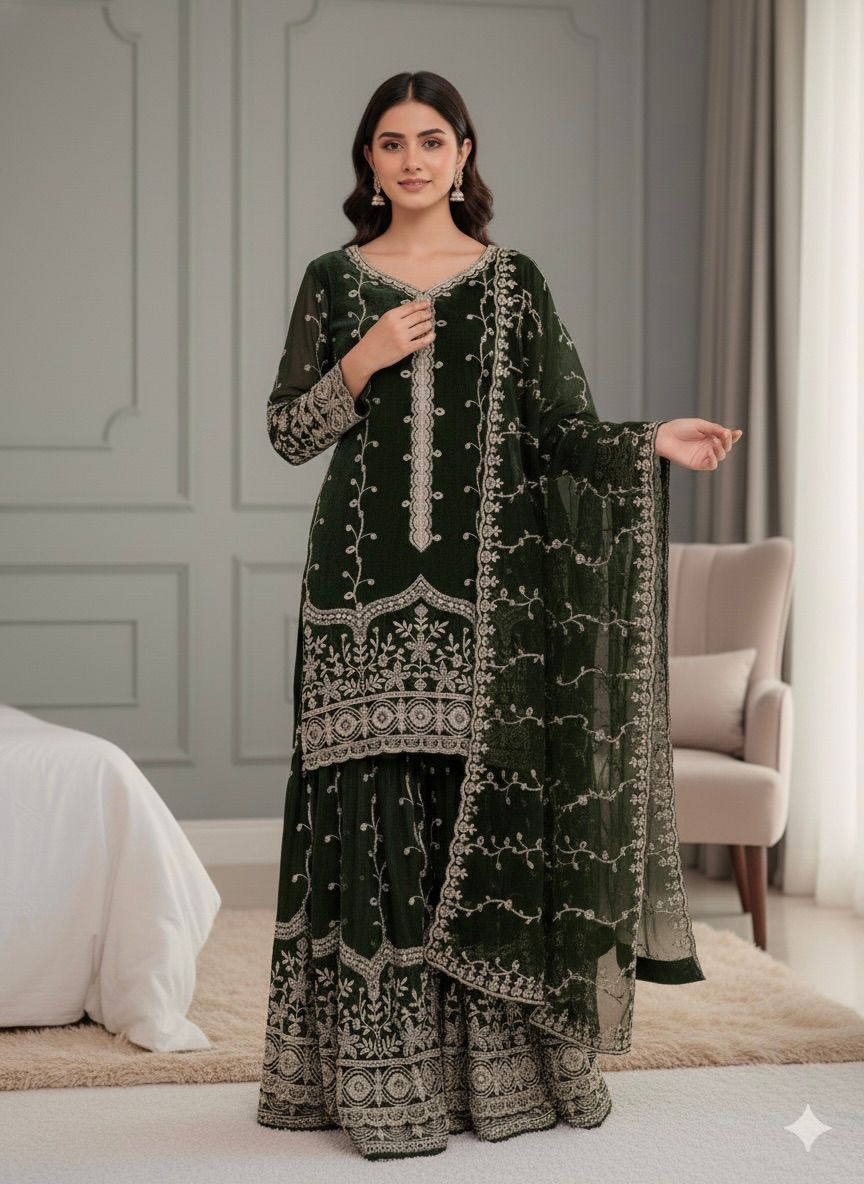 Pure Fendy Silk Embroidered Kurta & Palazzo Set with Heavy Sequin Work Dupatta