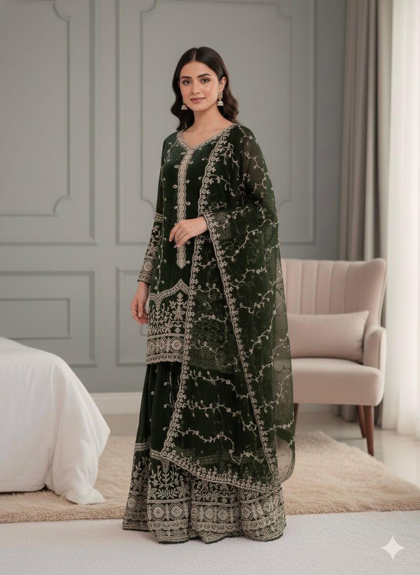 Pure Fendy Silk Embroidered Kurta & Palazzo Set with Heavy Sequin Work Dupatta