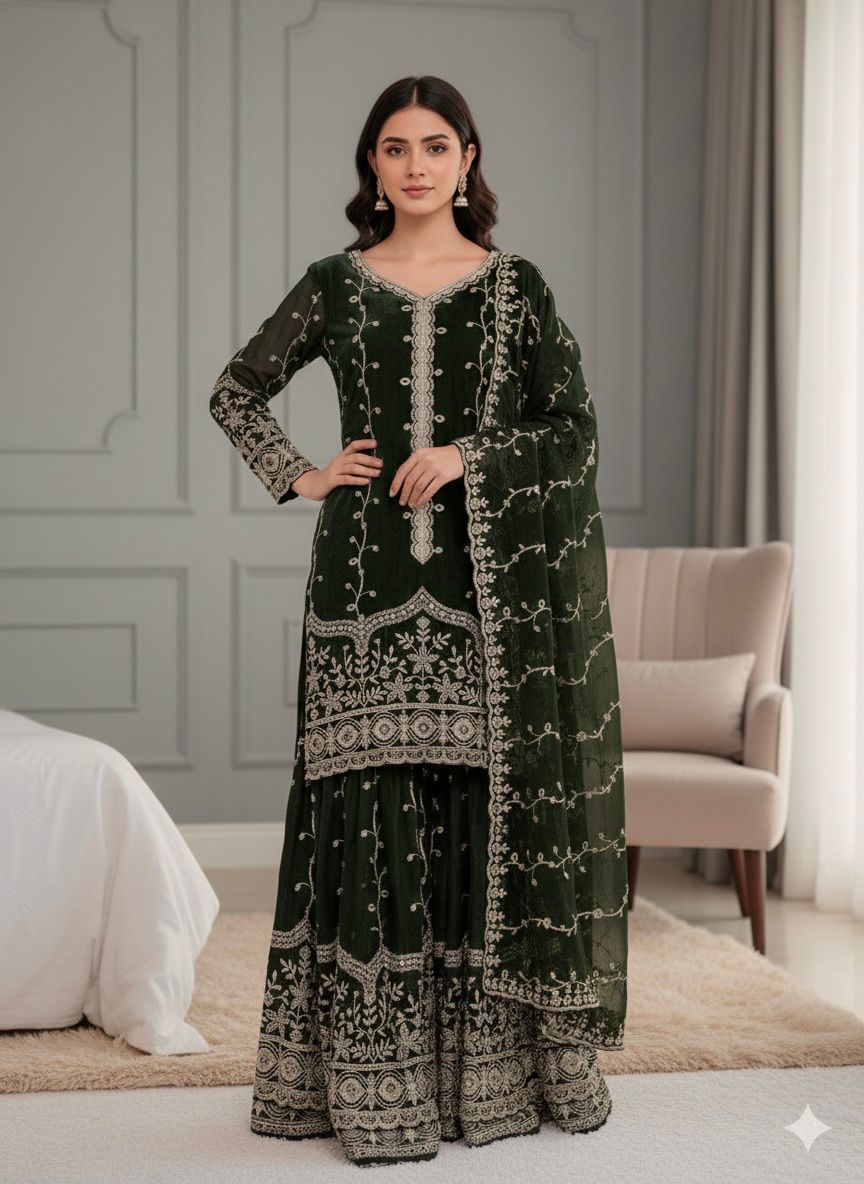 Pure Fendy Silk Embroidered Kurta & Palazzo Set with Heavy Sequin Work Dupatta