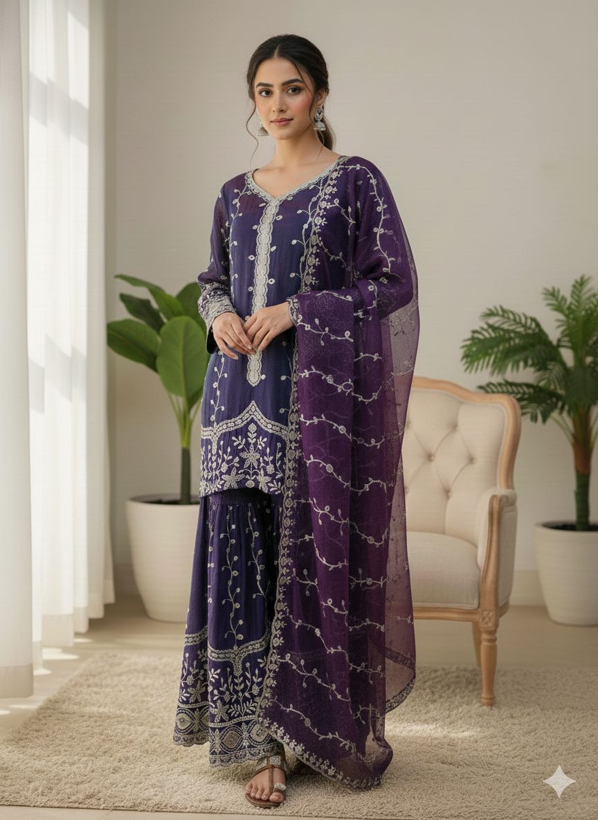 Pure Fendy Silk Embroidered Kurta & Palazzo Set with Heavy Sequin Work Dupatta