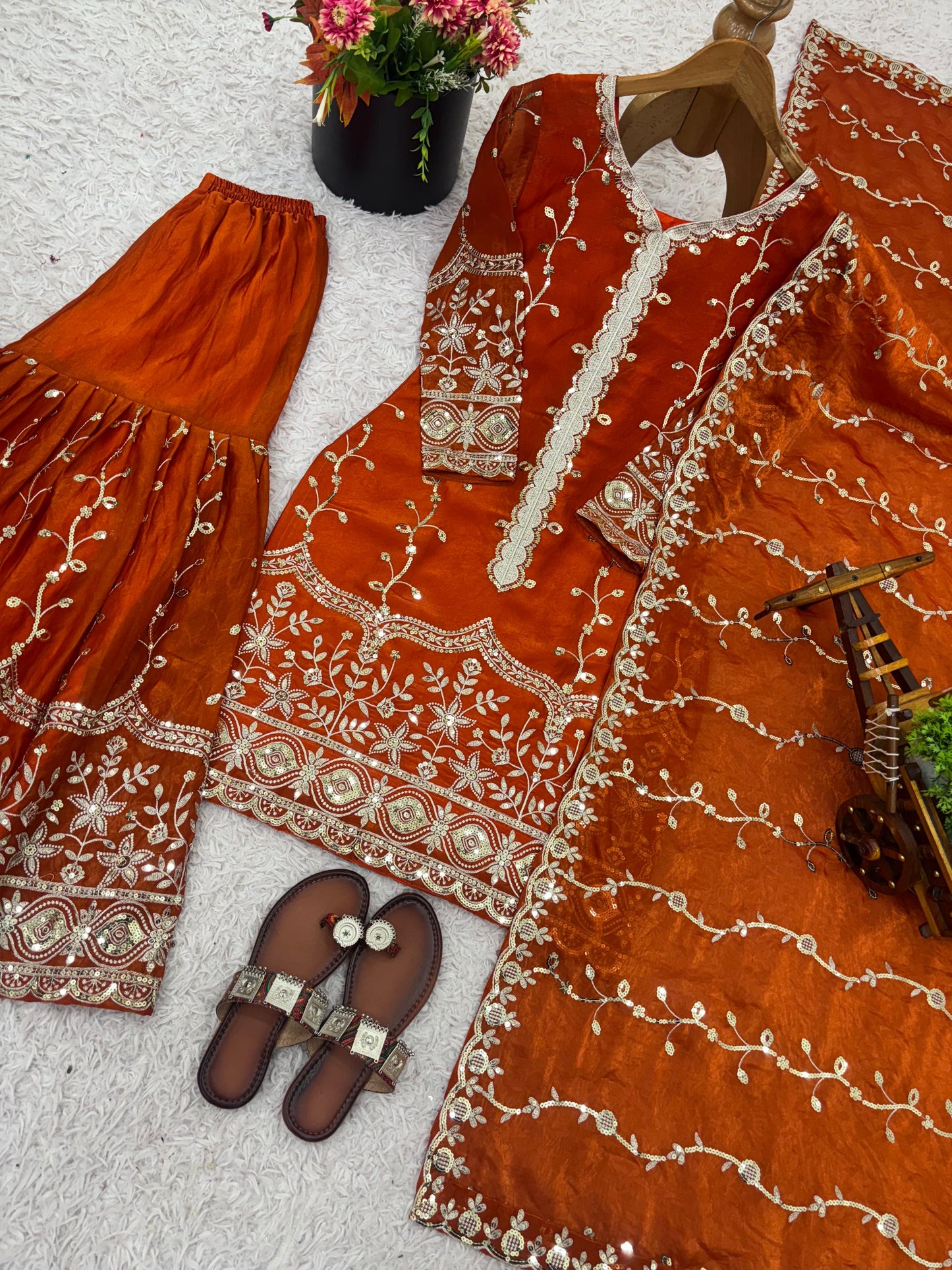 Pure Fendy Silk Embroidered Kurta & Palazzo Set with Heavy Sequin Work Dupatta