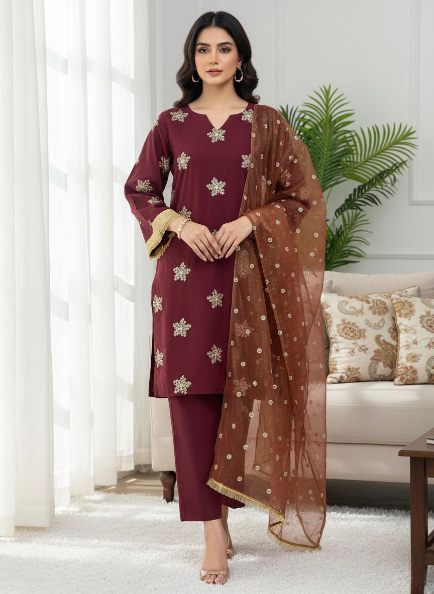 Designer Natural Crepe Silk Top–Bottom & Dupatta Set