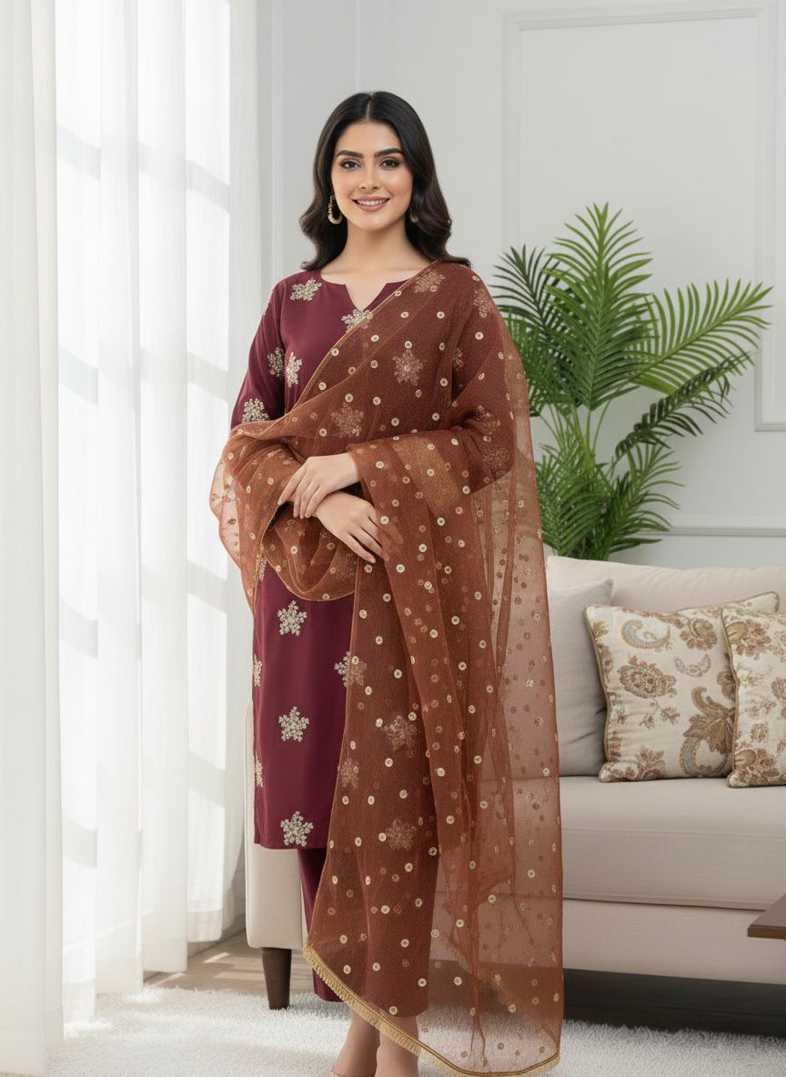 Designer Natural Crepe Silk Top–Bottom & Dupatta Set