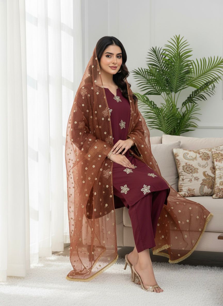 Designer Natural Crepe Silk Top–Bottom & Dupatta Set