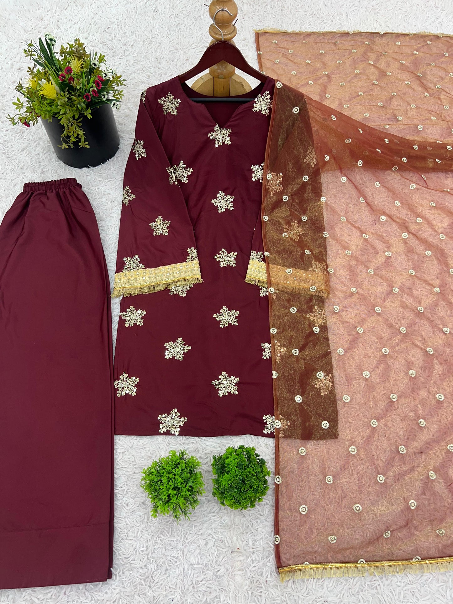 Designer Natural Crepe Silk Top–Bottom & Dupatta Set