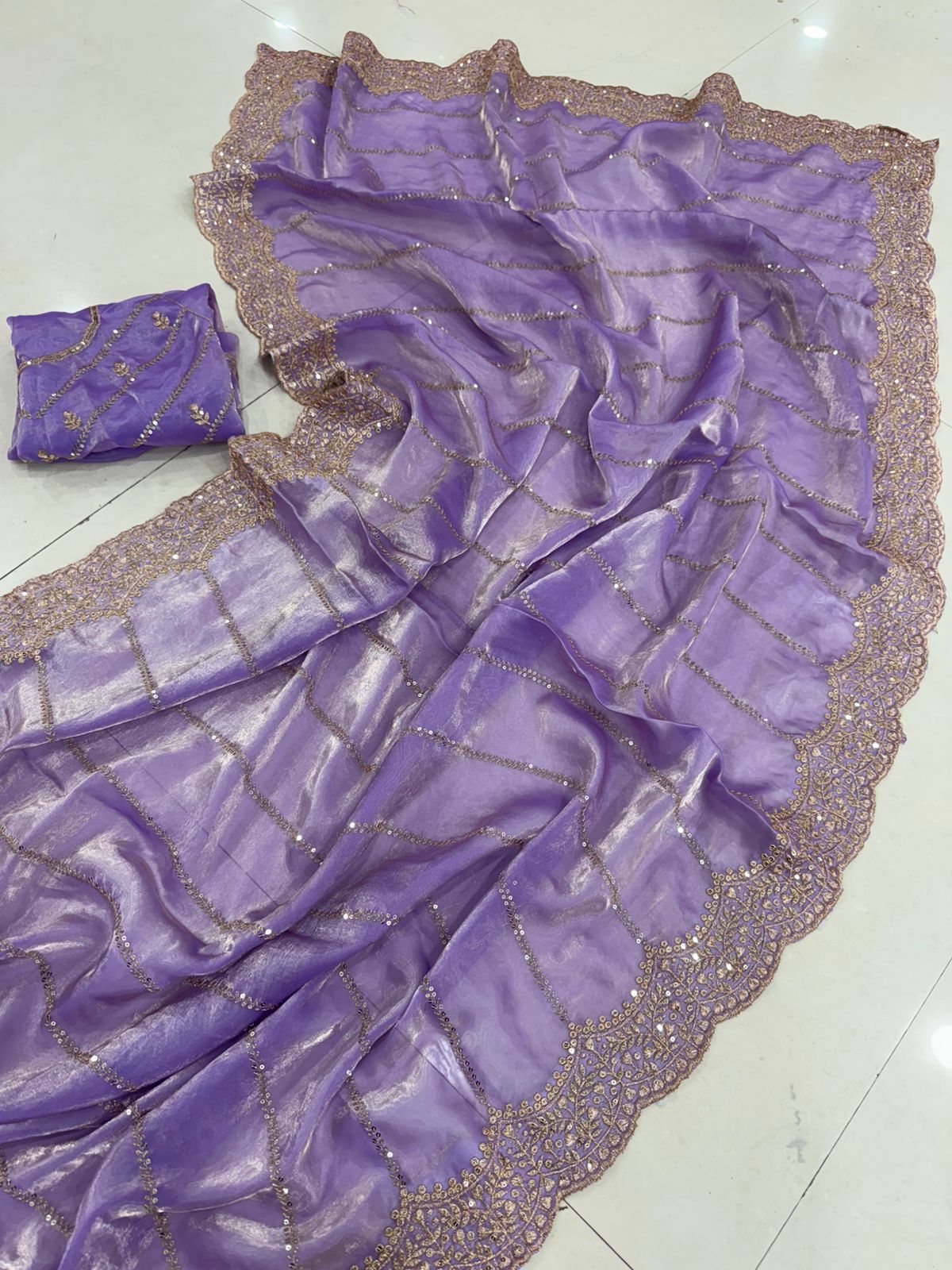 Premium fendi satin with heavy embroidery & double sequence work Saree