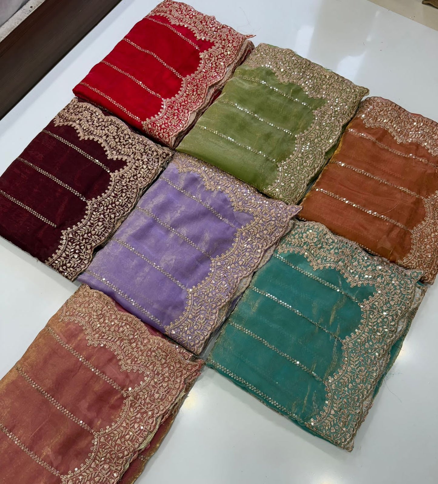 Premium fendi satin with heavy embroidery & double sequence work Saree