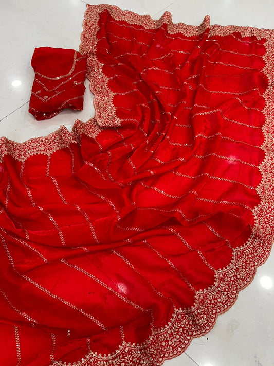 Premium fendi satin with heavy embroidery & double sequence work Saree