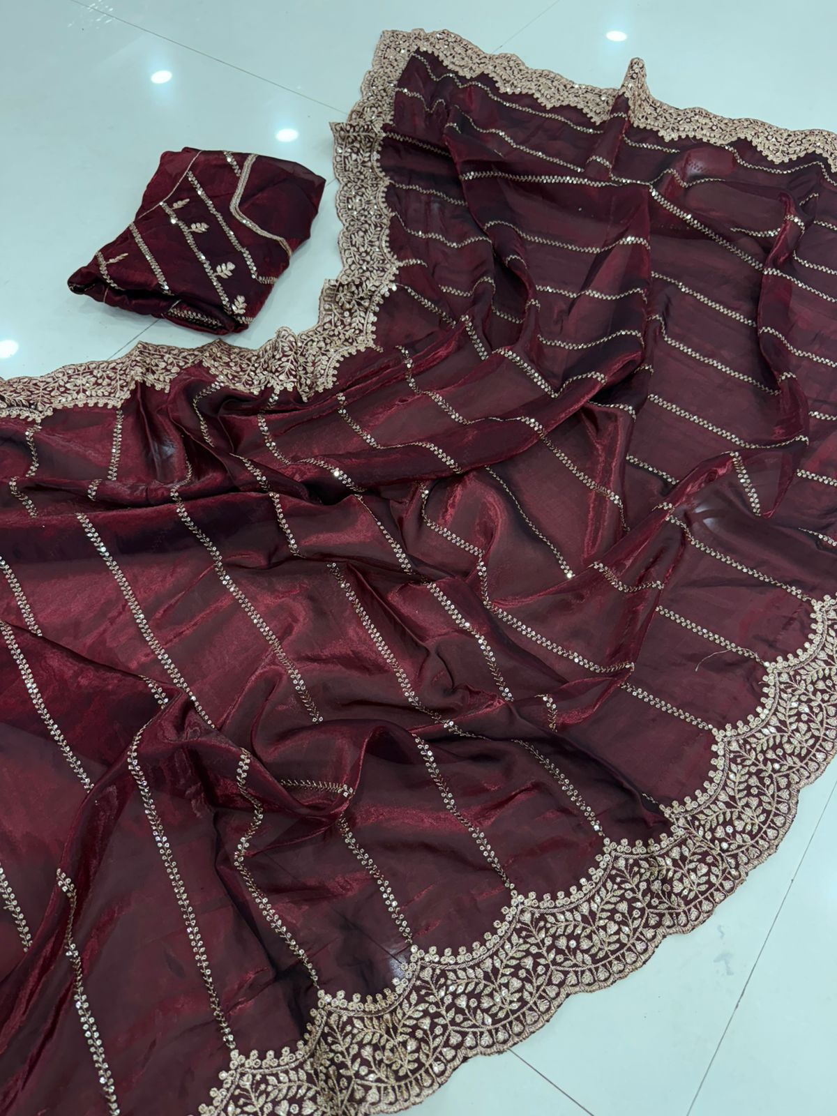 Premium fendi satin with heavy embroidery & double sequence work Saree