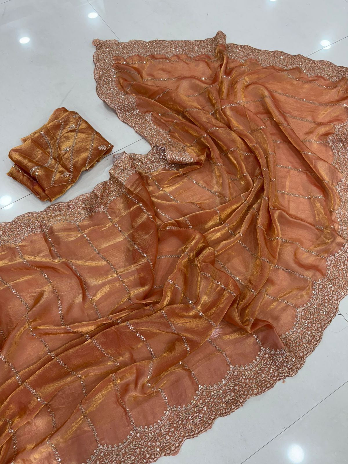 Premium fendi satin with heavy embroidery & double sequence work Saree