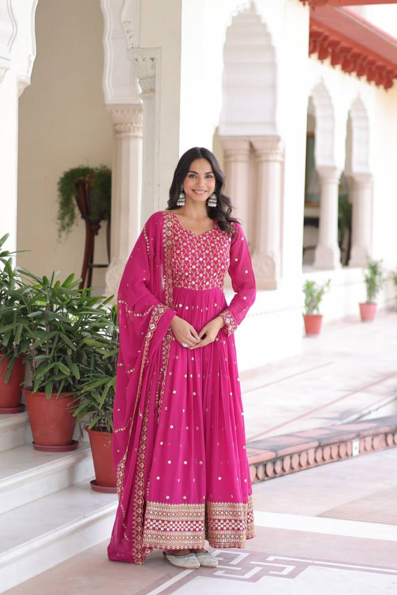 Embroidered Anarkali Gown Set: Faux Georgette Zari Thread, Sequins, Dupatta