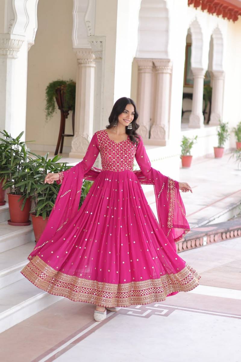 Embroidered Anarkali Gown Set: Faux Georgette Zari Thread, Sequins, Dupatta