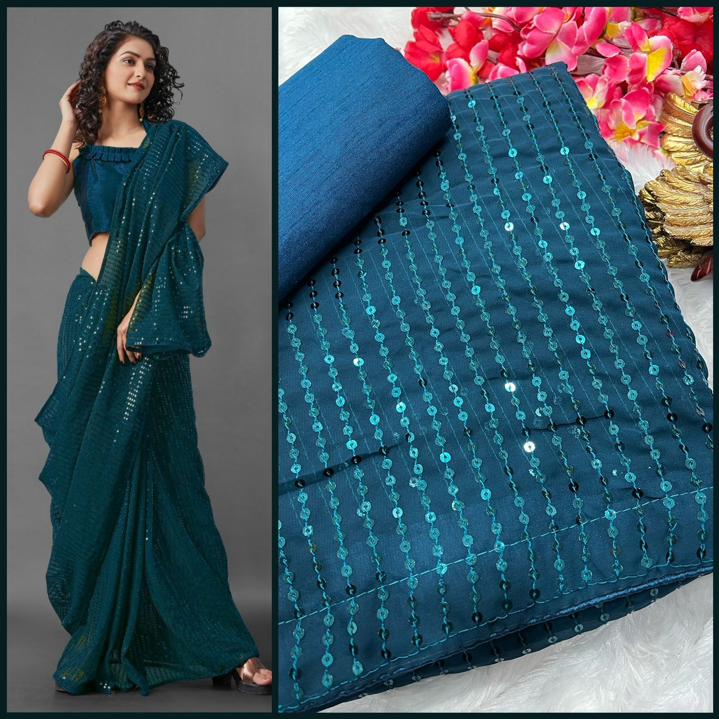 Women's Georgette Sequence Embroidery Work Saree