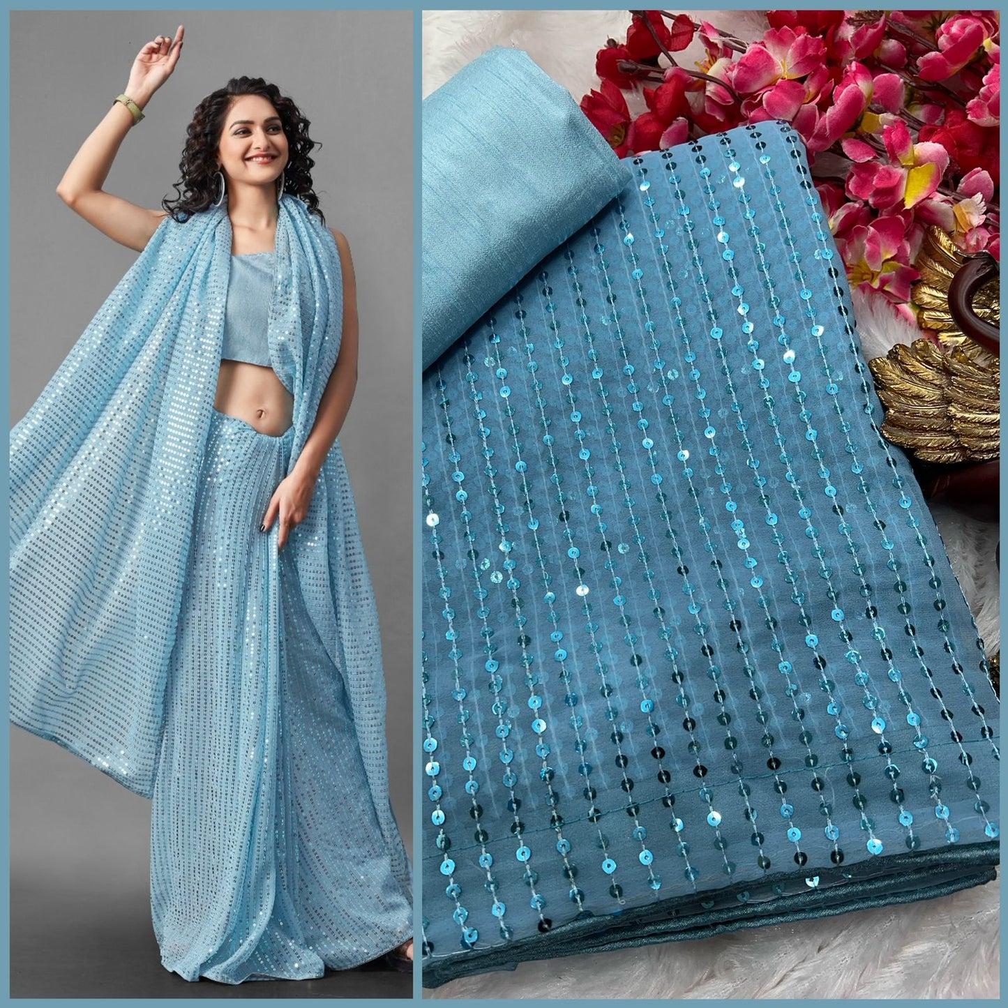 Women's Georgette Sequence Embroidery Work Saree