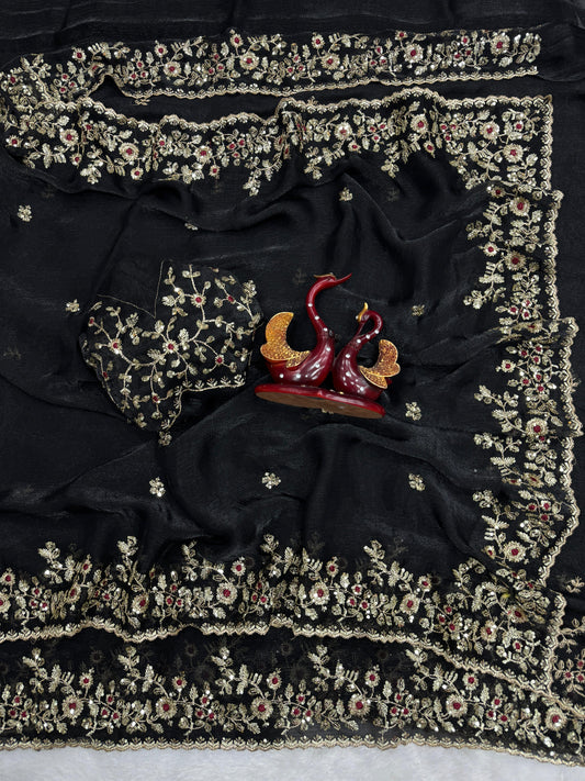 Heavy Sequence Embroidery Work  Space Silk Saree