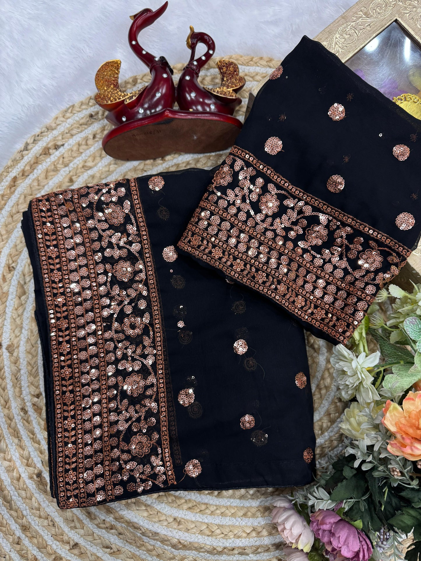 Black Georgette Heavy Sequins Embroidery Work Saree