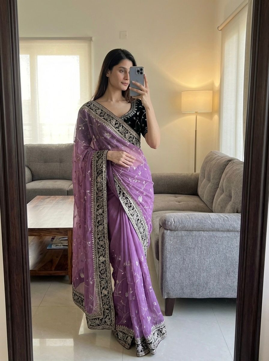 Moss Silk Saree with Zari & Sequins Embroidery work with velvet lace border