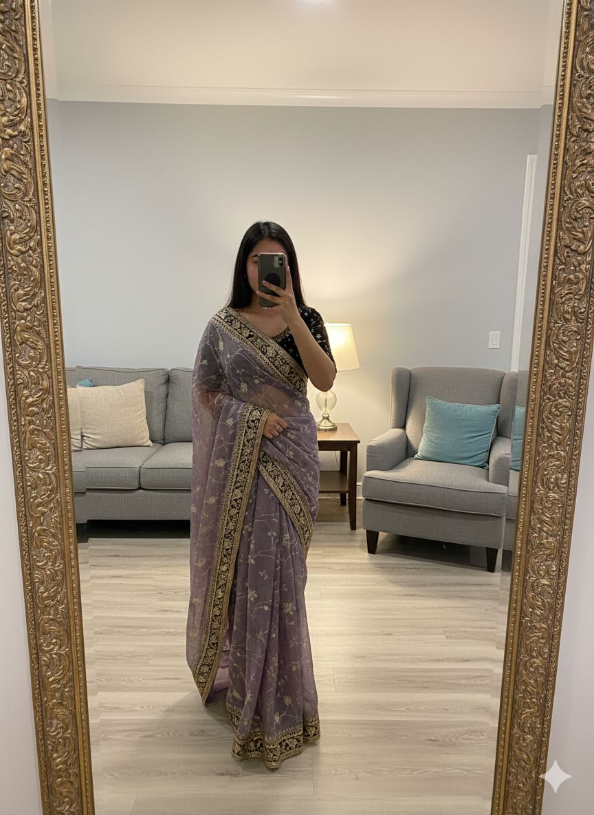 Moss Silk Saree with Zari & Sequins Embroidery work with velvet lace border