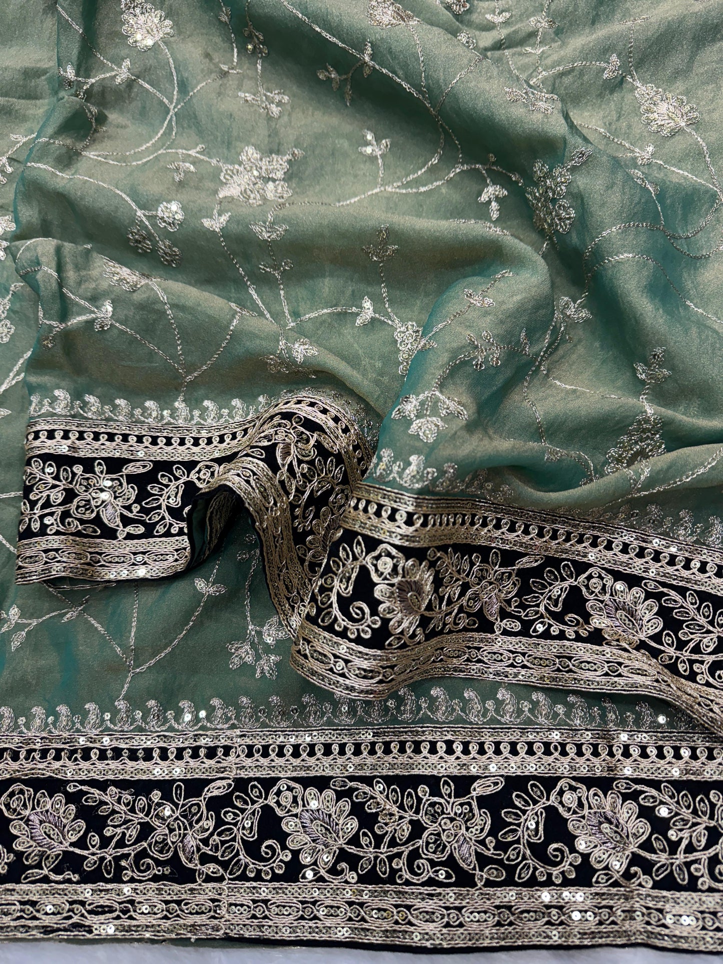 Moss Silk Saree with Zari & Sequins Embroidery work with velvet lace border