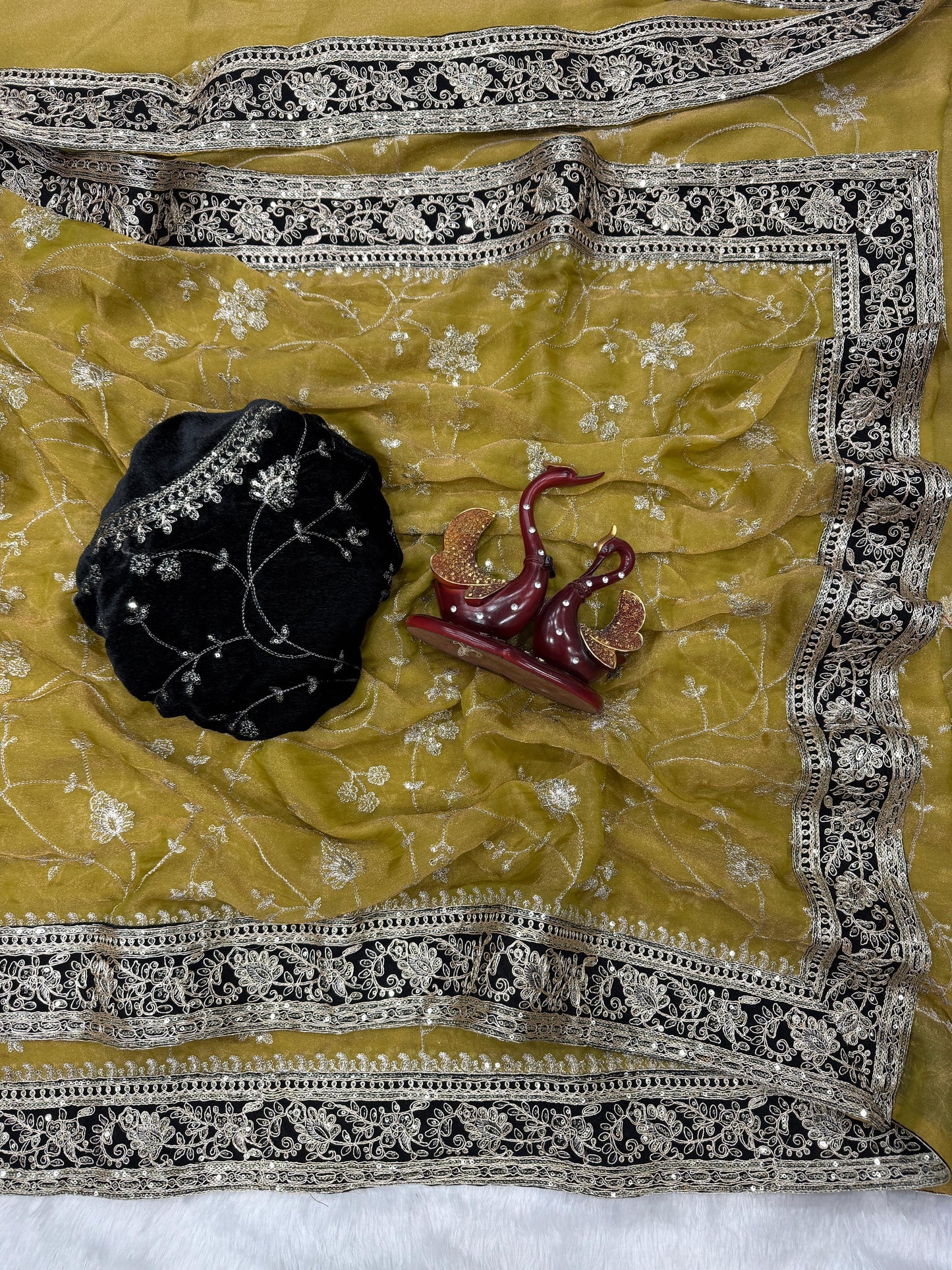 Moss Silk Saree with Zari & Sequins Embroidery work with velvet lace border