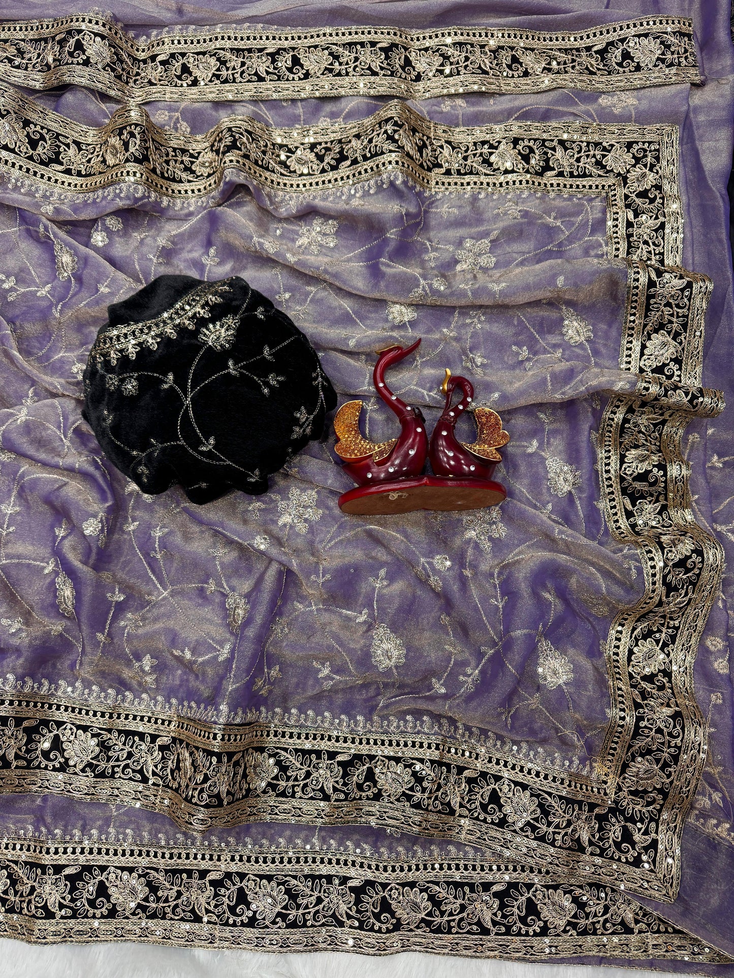 Moss Silk Saree with Zari & Sequins Embroidery work with velvet lace border