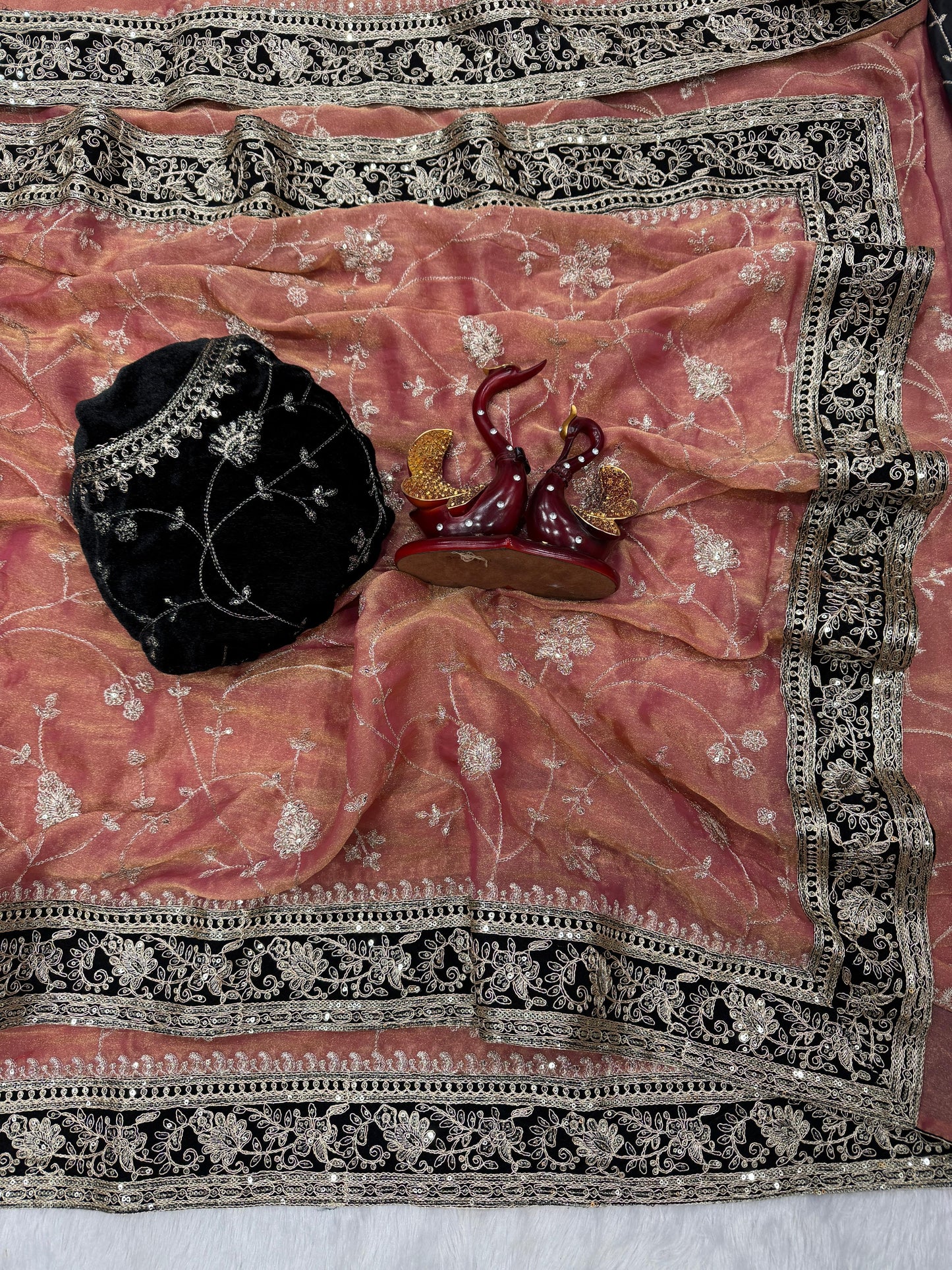 Moss Silk Saree with Zari & Sequins Embroidery work with velvet lace border