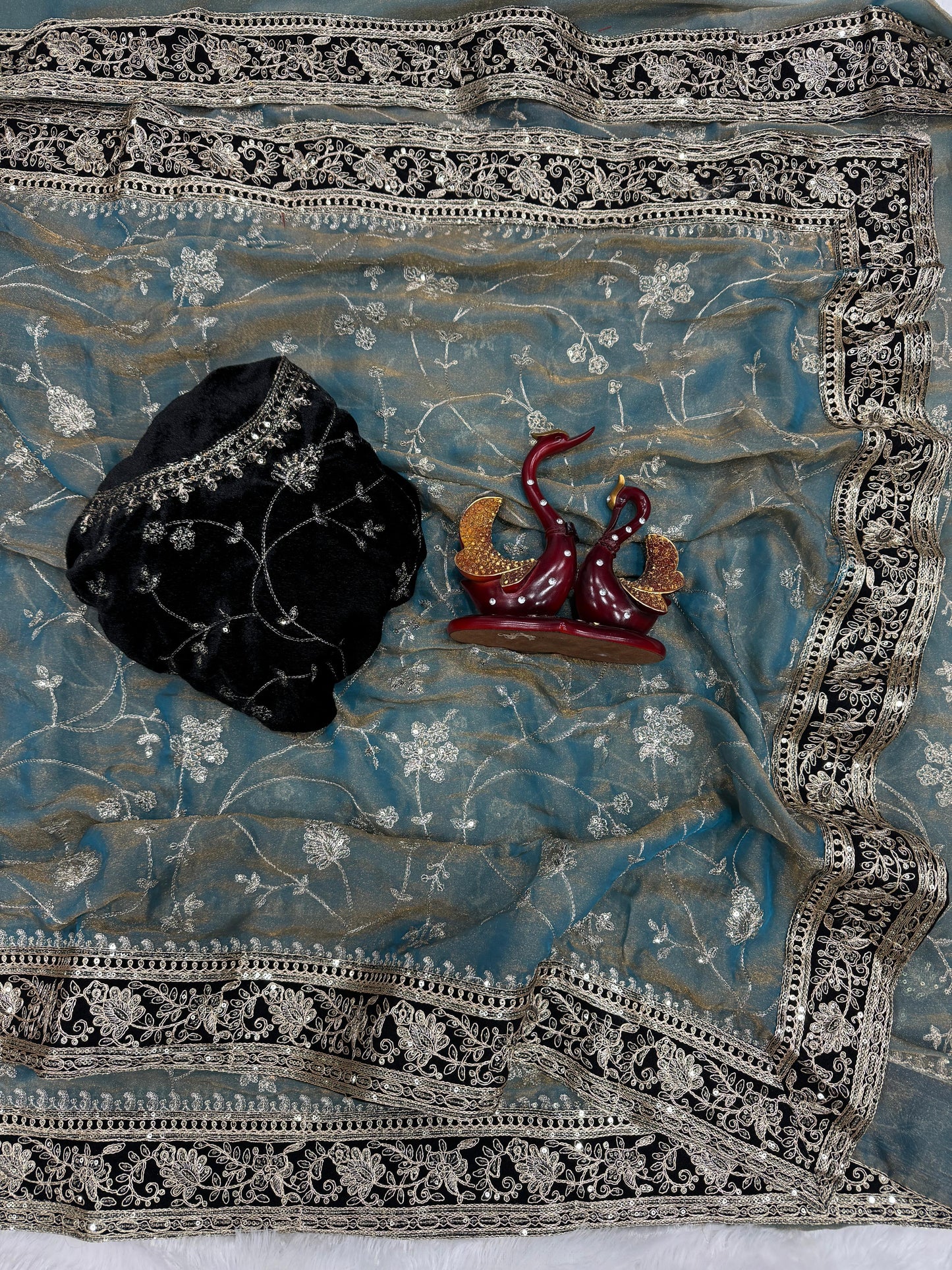 Moss Silk Saree with Zari & Sequins Embroidery work with velvet lace border