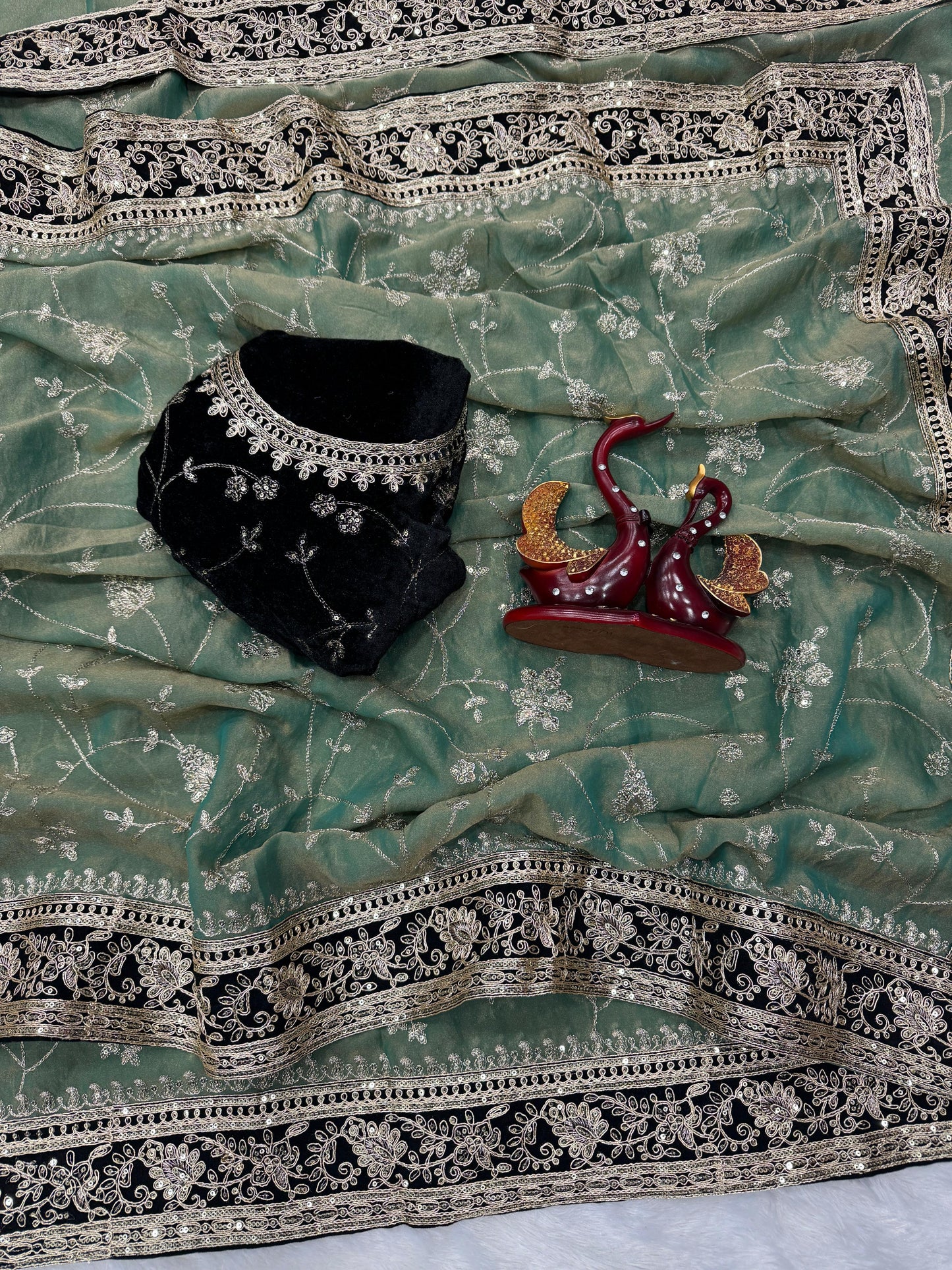 Moss Silk Saree with Zari & Sequins Embroidery work with velvet lace border