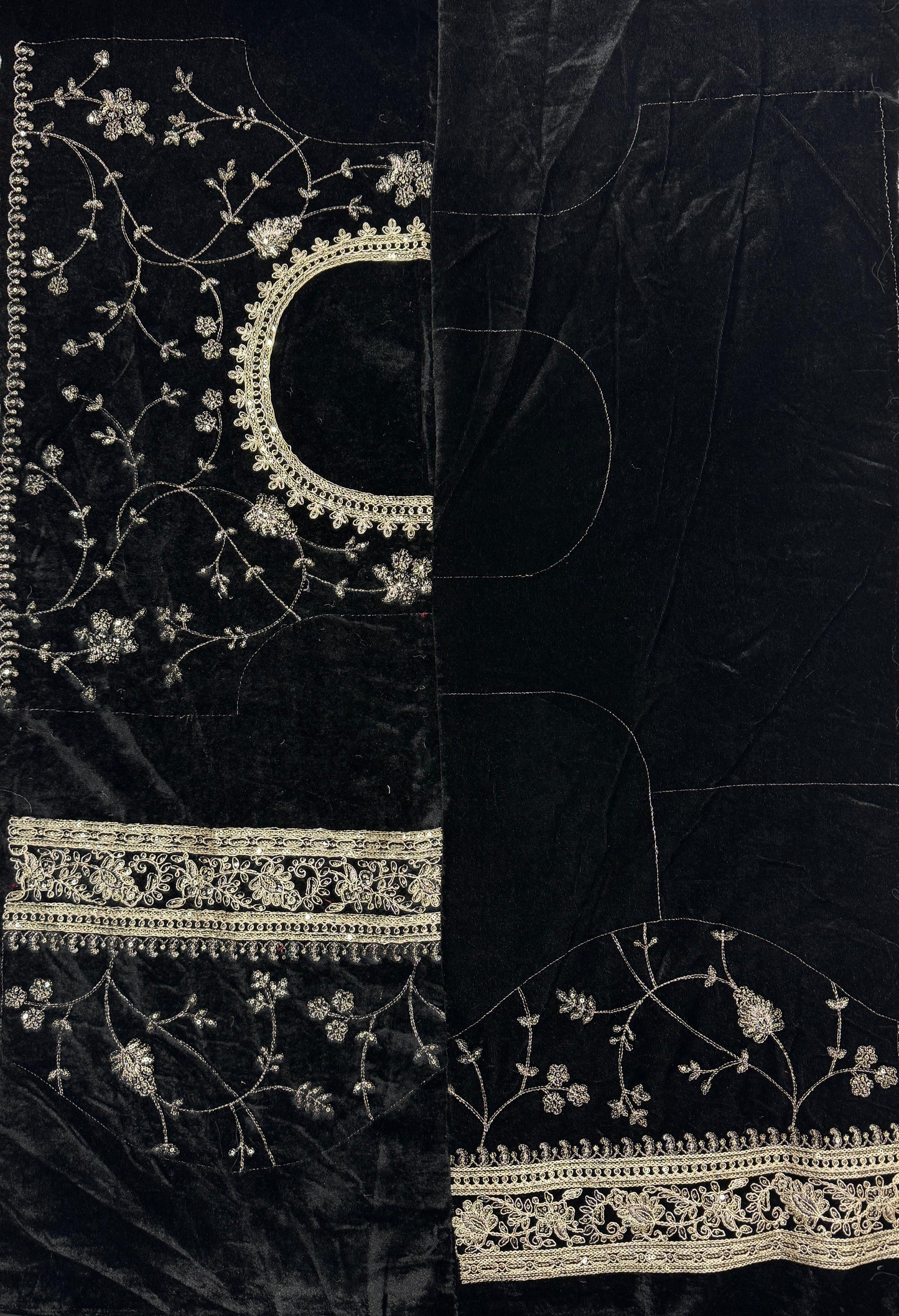 Moss Silk Saree with Zari & Sequins Embroidery work with velvet lace border