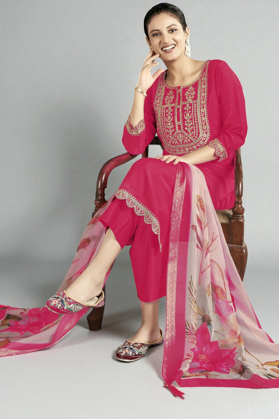 Sequence Embroidered Work Slub Rayon Fabric  Kurta, Pant and Dupatta Set