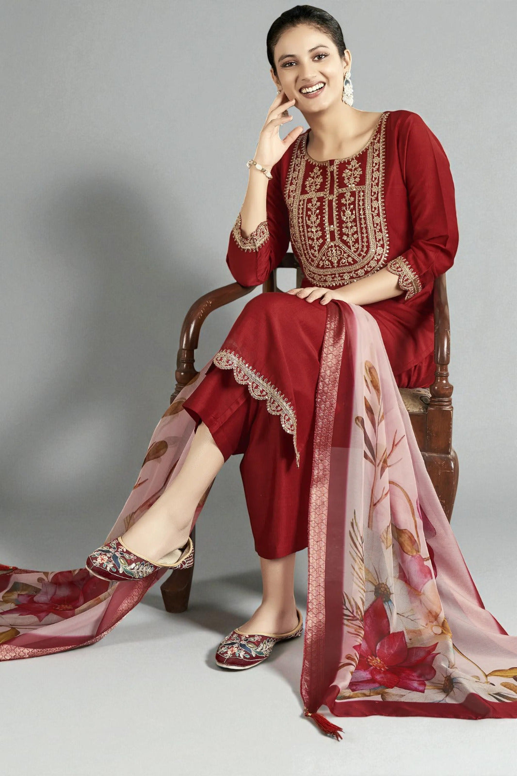Sequence Embroidered Work Slub Rayon Fabric  Kurta, Pant and Dupatta Set