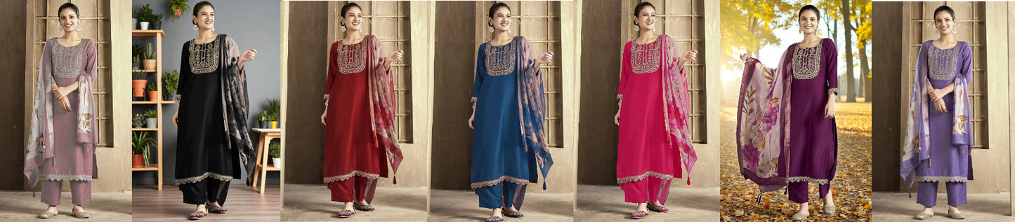 Sequence Embroidered Work Slub Rayon Fabric  Kurta, Pant and Dupatta Set