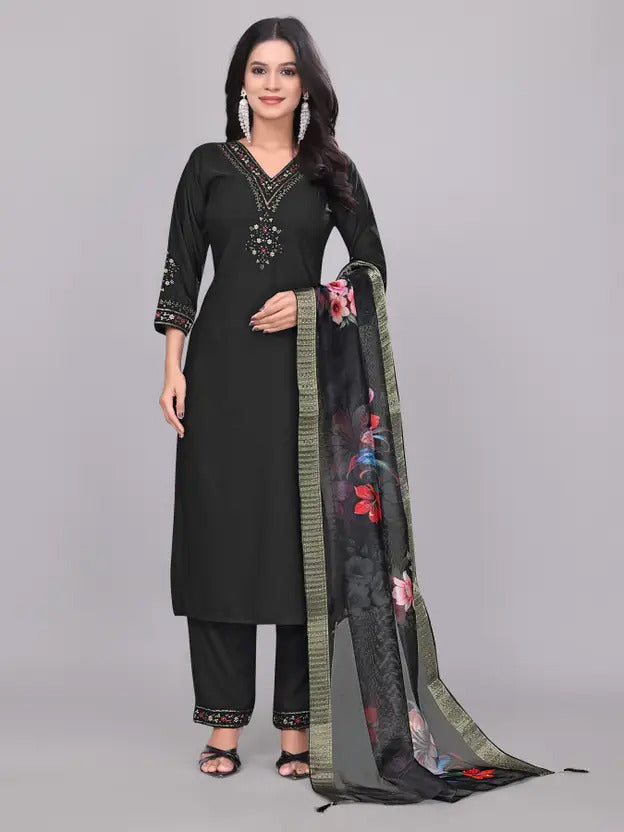 Women's Embroidery Rayon Slub Kurta, Pant and Dupatta Set