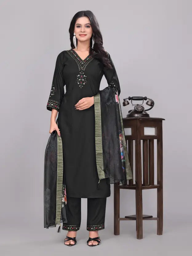 Women's Embroidery Rayon Slub Kurta, Pant and Dupatta Set