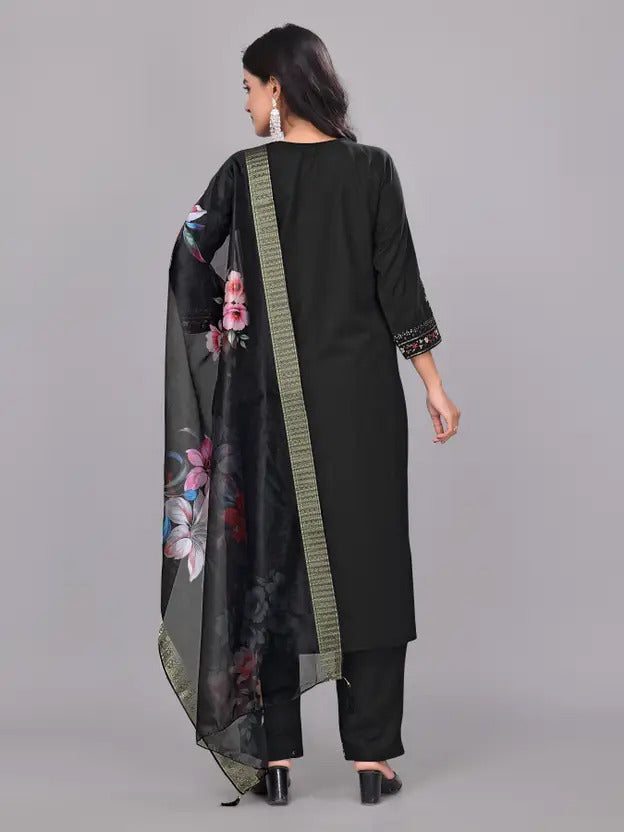 Women's Embroidery Rayon Slub Kurta, Pant and Dupatta Set