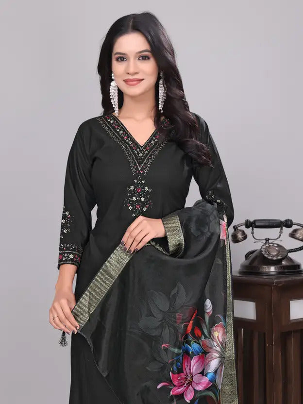 Women's Embroidery Rayon Slub Kurta, Pant and Dupatta Set