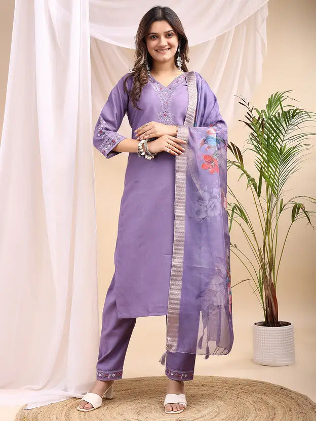 Women's Embroidery Rayon Slub Kurta, Pant and Dupatta Set