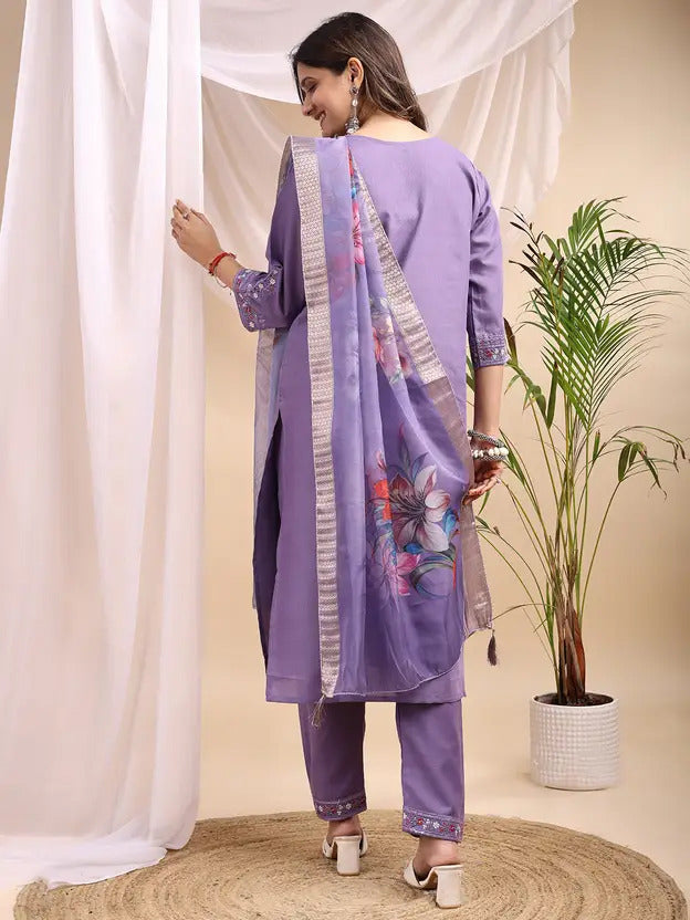 Women's Embroidery Rayon Slub Kurta, Pant and Dupatta Set
