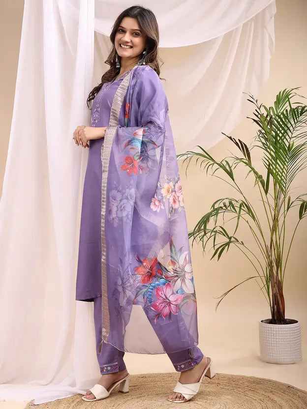 Women's Embroidery Rayon Slub Kurta, Pant and Dupatta Set