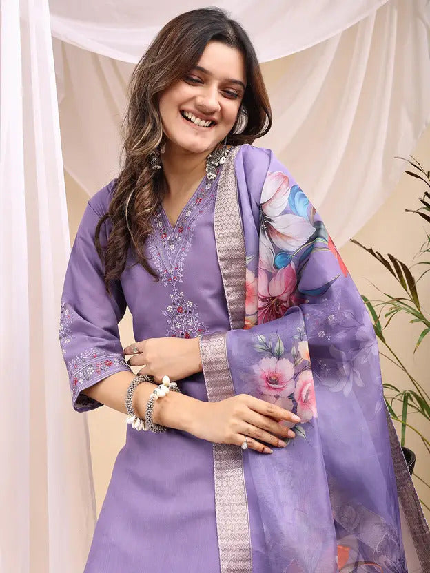 Women's Embroidery Rayon Slub Kurta, Pant and Dupatta Set