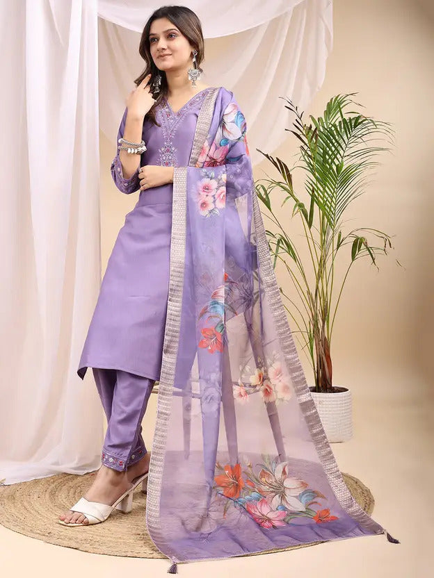 Women's Embroidery Rayon Slub Kurta, Pant and Dupatta Set