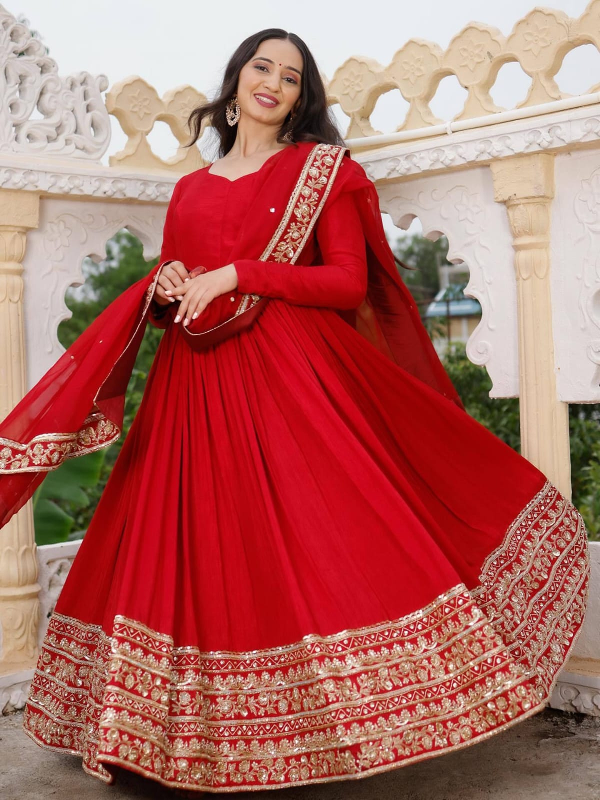 Red Fox Georgette Fabric Heavy Embroidery Coding Sequence Work Gown